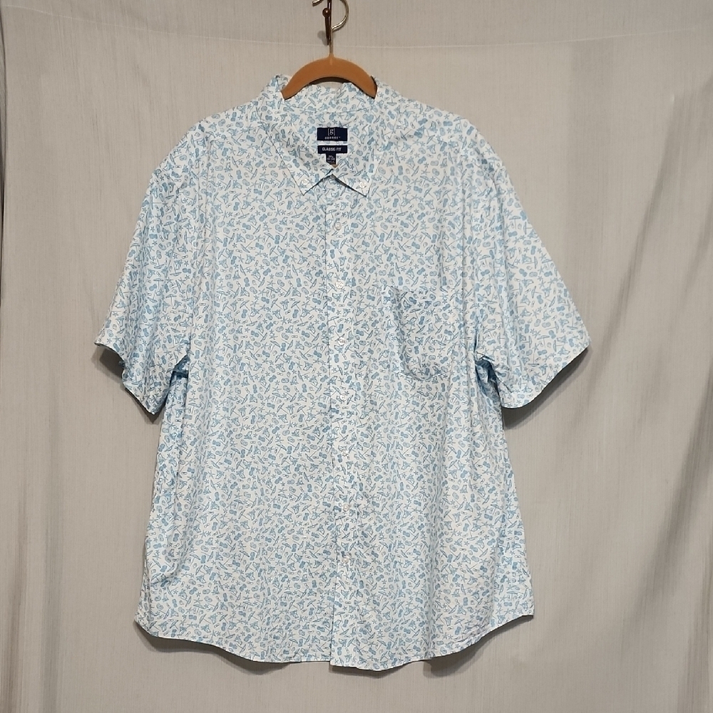 George Men 3XL Plus Blue White Beach Print Short Sleeve Button Down Casual Shirt